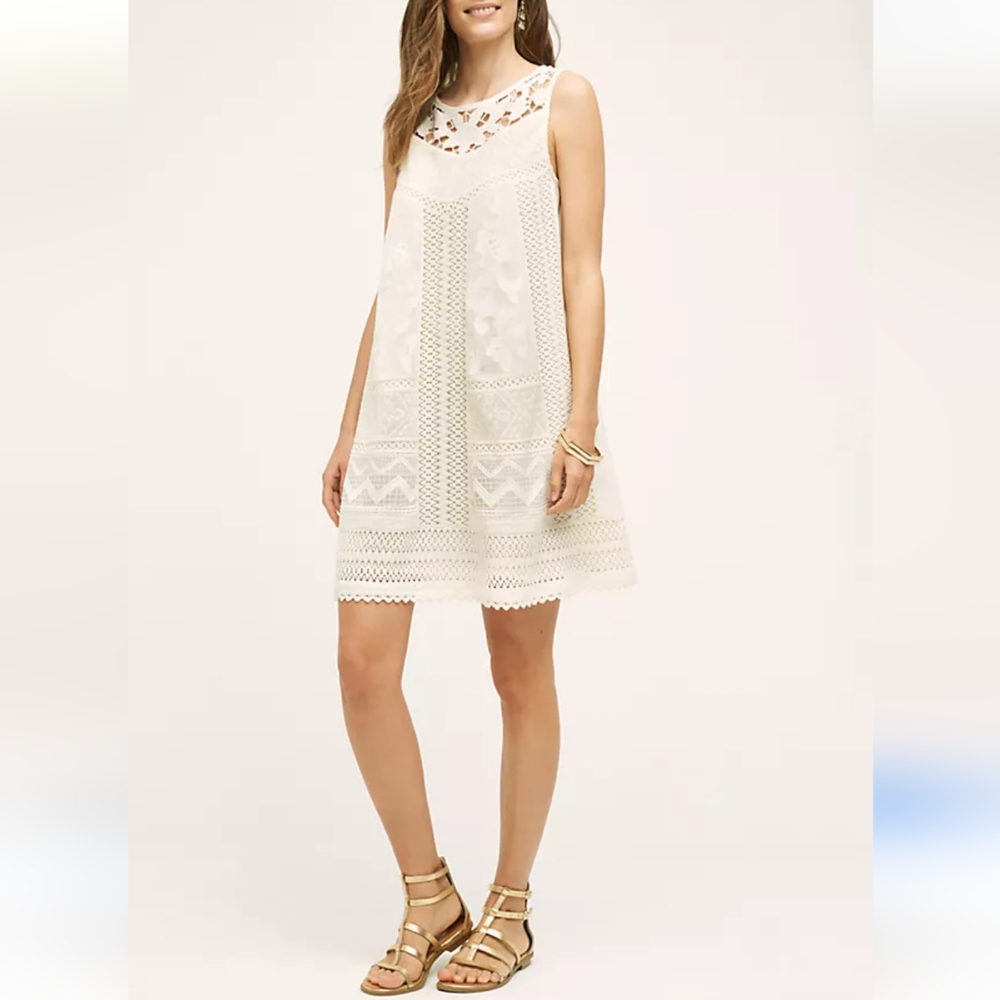 Anthropologie Cottonwood Swing Dress Women's 4 White Lace Floral Babydoll Retro